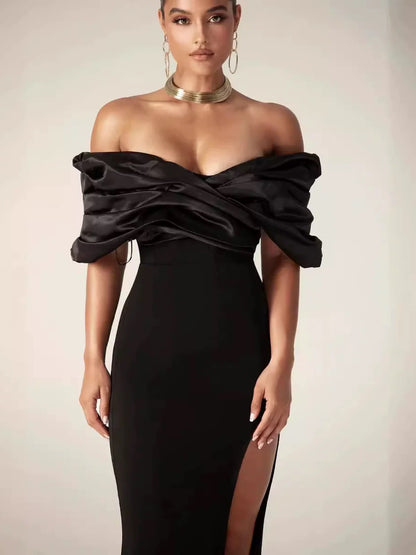 Off-Shoulder Draped Satin Slit Gown