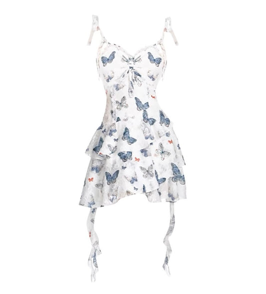 French Butterfly Print Lace Suspender Dress