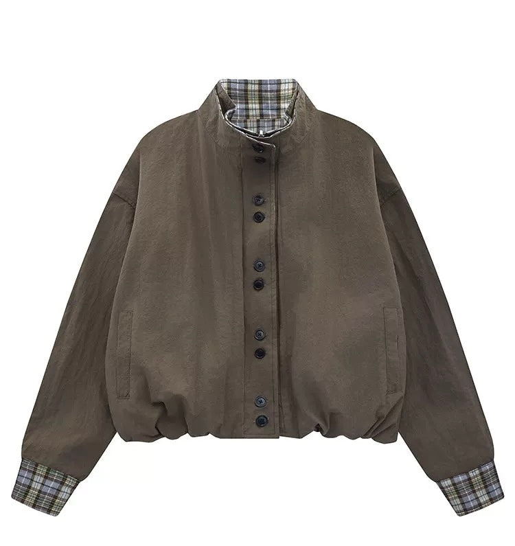 Unisex Retro Plaid Double-Sided Stand Collar Jacket