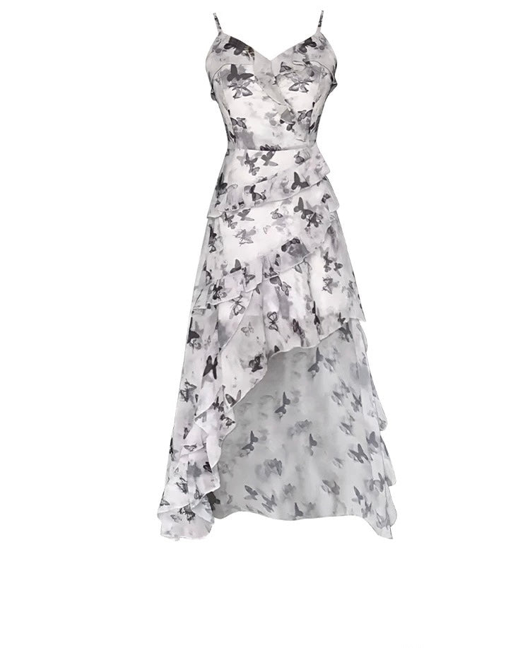 Butterfly Print High-Waist Suspender Dress