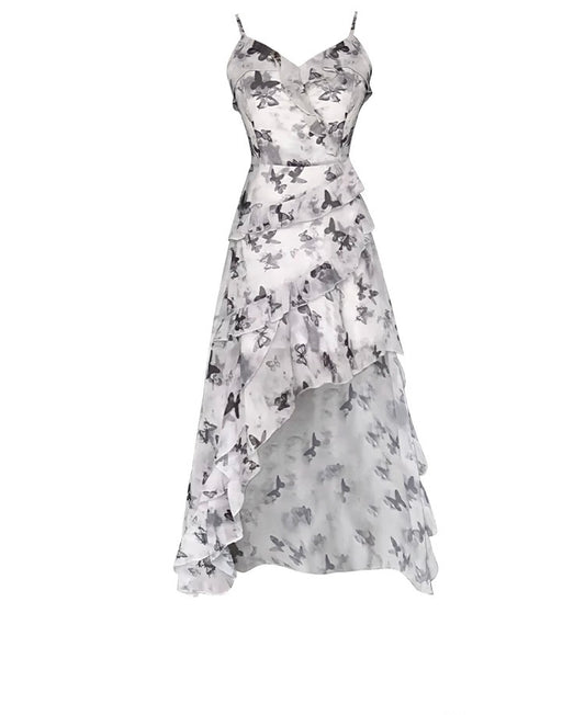 Butterfly Print High-Waist Suspender Dress