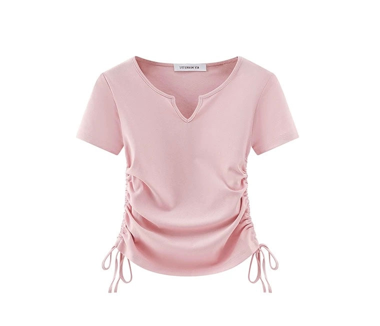 Adjustable Ruched V-Neck Drawstring Top