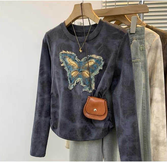 Butterfly Embroidered Slim Fit Long-Sleeve Women's T-Shirt