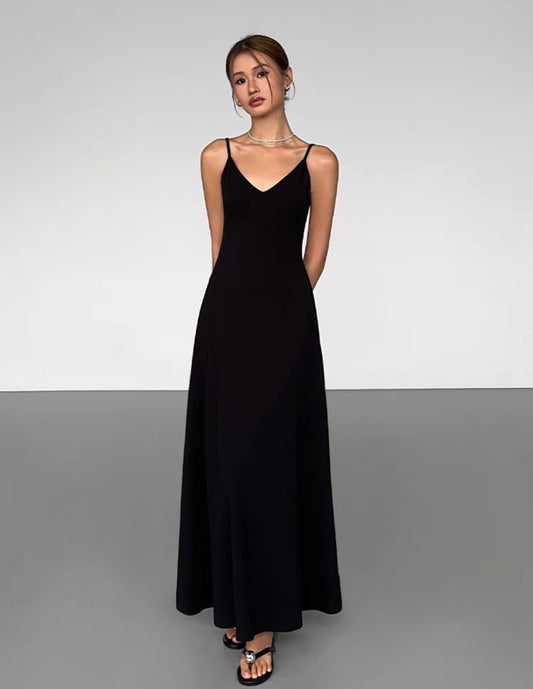 Black Sleeveless Streetwear Maxi Dress with V-Neck and High Waist