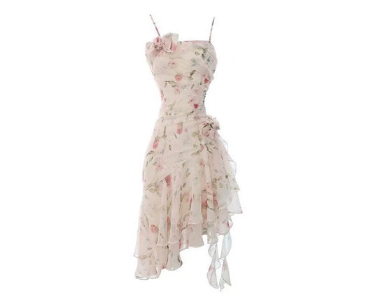 Elegant Floral Asymmetric Suspender Dress