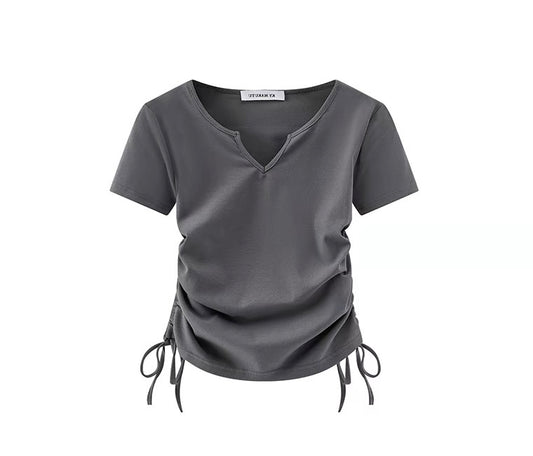 Adjustable Ruched V-Neck Drawstring Top