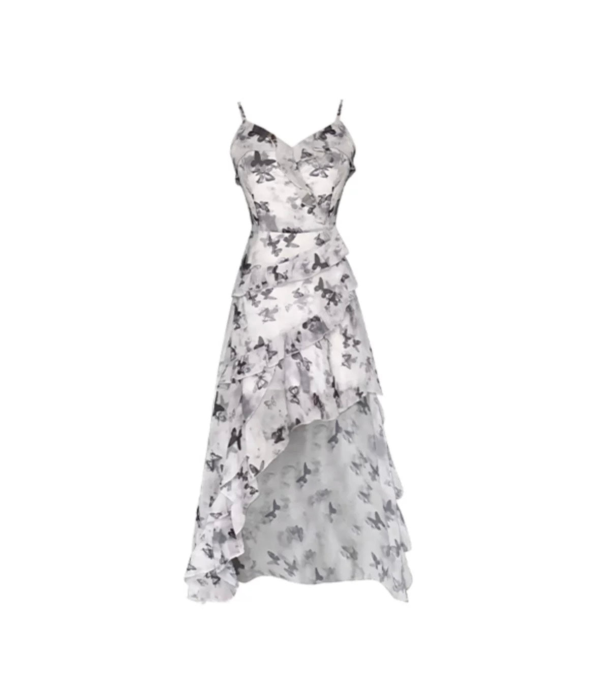 Butterfly Print High-Waist Suspender Dress