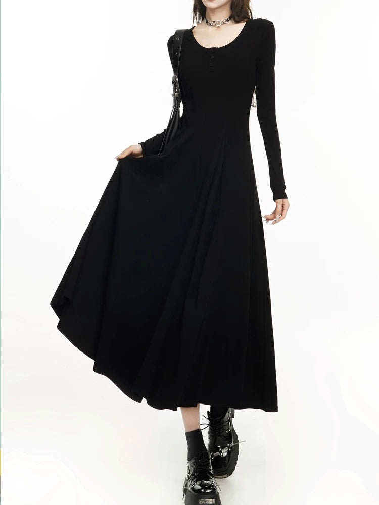 Long Black Flowy Gothic Maxi Dress with Scoop Neckline and Full Sleeves