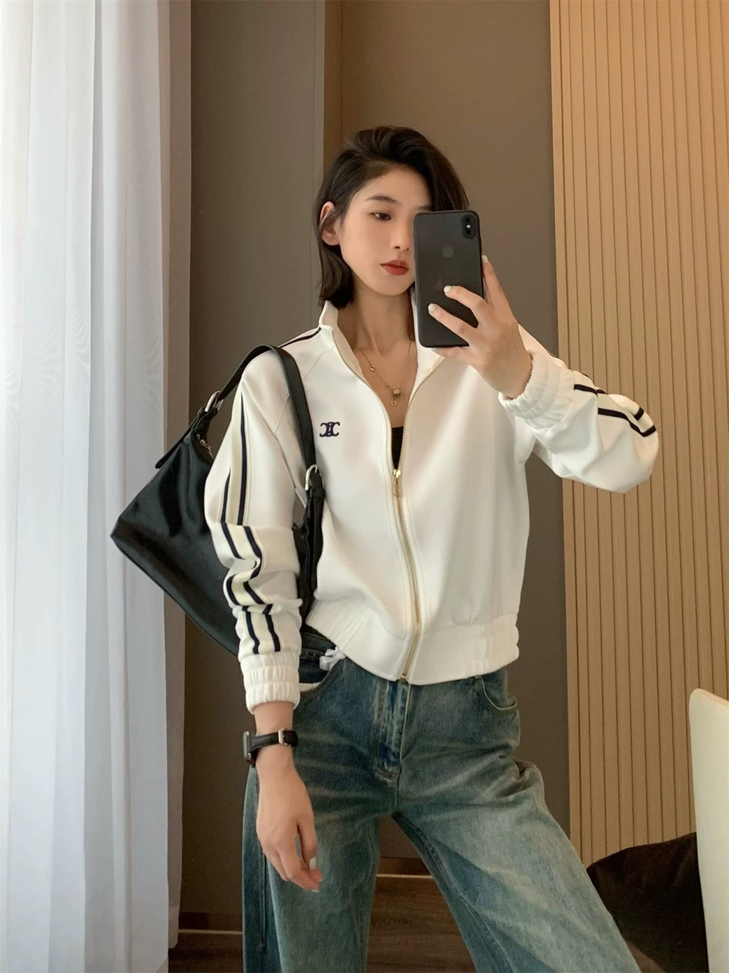 Title: Women’s Zip-Up Sports Jacket – Stylish Striped Sleeve Design | Casual Athleisure Jacket | S-XL