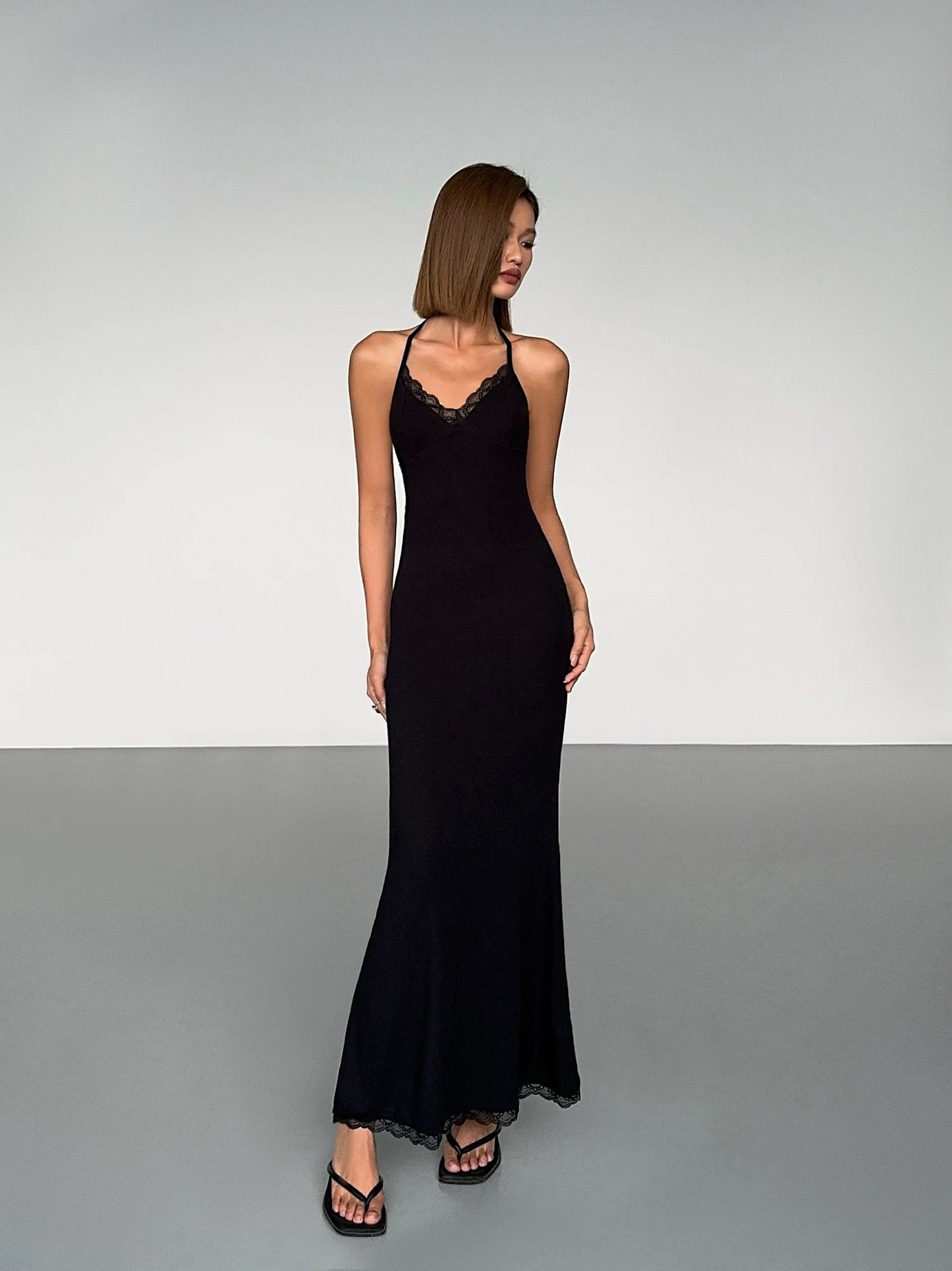 Stylish Black Lace-Trimmed Sleeveless Maxi Dress - Summer