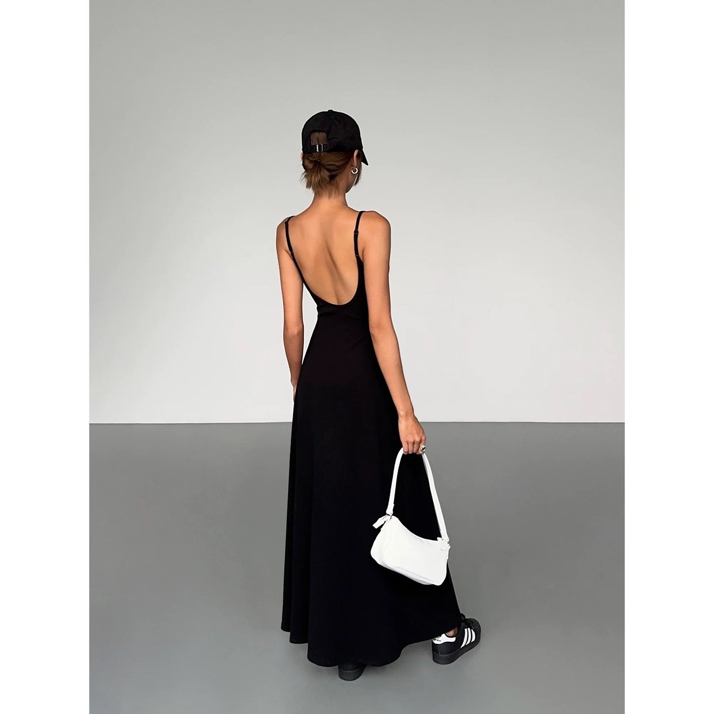 Black Sleeveless Streetwear Maxi Dress with V-Neck and High Waist