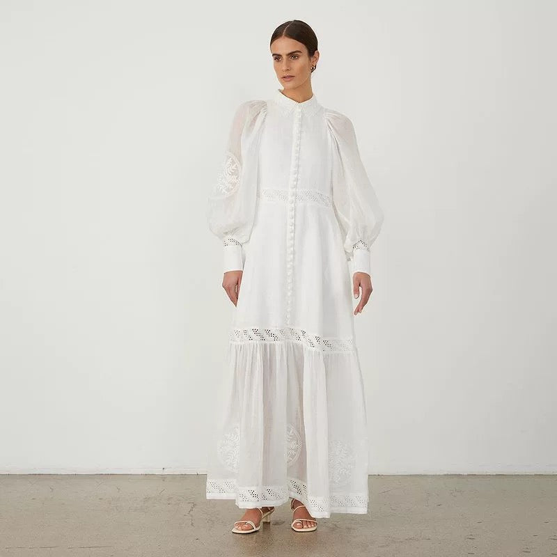 White Puff Sleeve A-Line Maxi Dress | Elegant Fall Collection