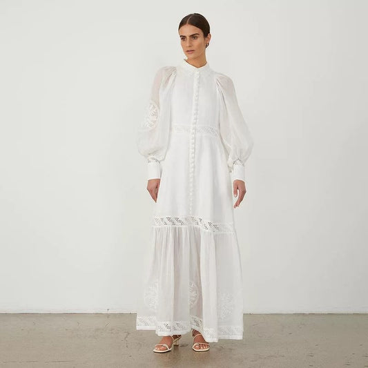 White Puff Sleeve A-Line Maxi Dress | Elegant Fall Collection