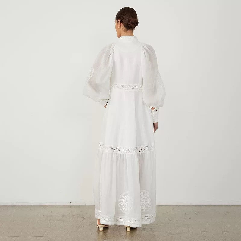 White Puff Sleeve A-Line Maxi Dress | Elegant Fall Collection