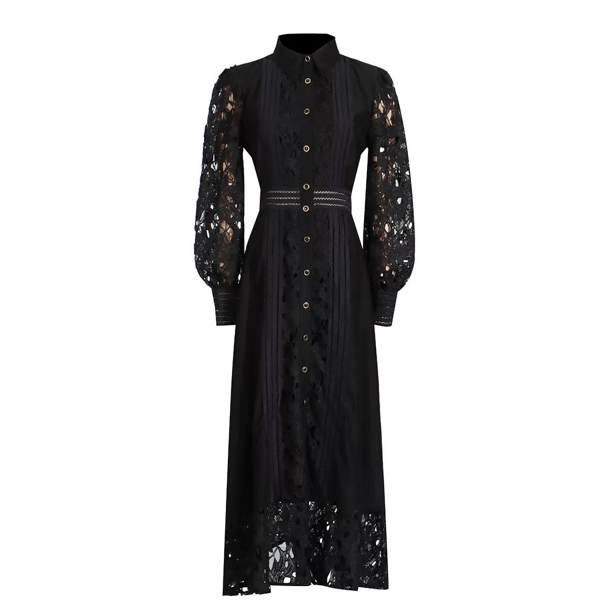 Elegant French-style long skirt with lapel collar, hollow waist embroidery, perfect for summer 2024.