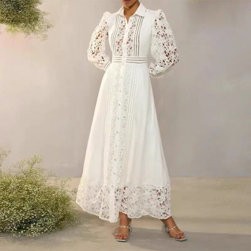 Elegant French-style long skirt with lapel collar, hollow waist embroidery, perfect for summer 2024.