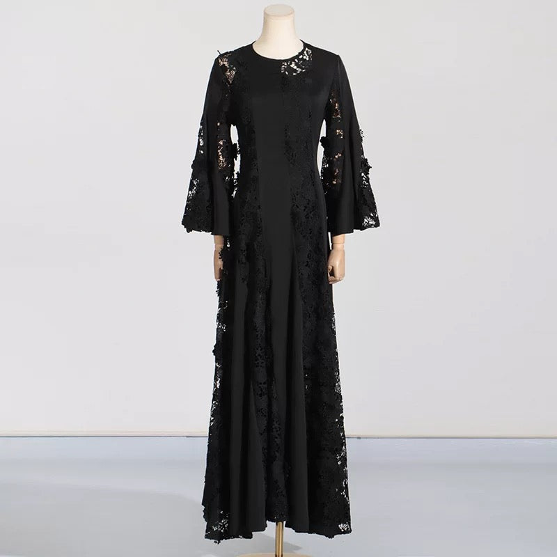 French-style long skirt with bell sleeves and gauze fabric, perfect for multi-season wear in 2024.