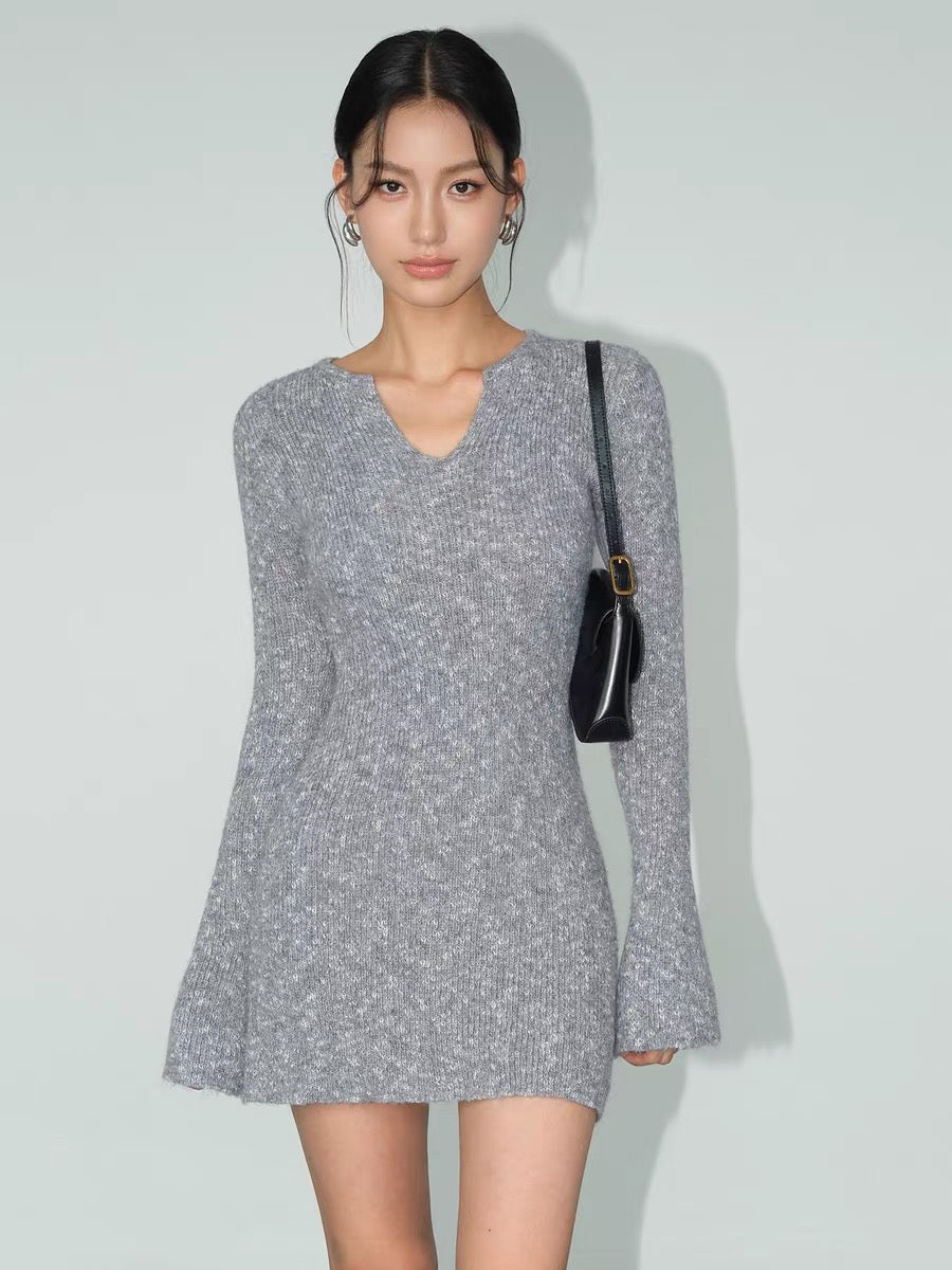 V-Neck Ribbed Knit Sweater Dress – Long Sleeve Mini Dress