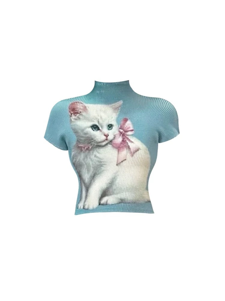Cat Print Pleated T-Shirt