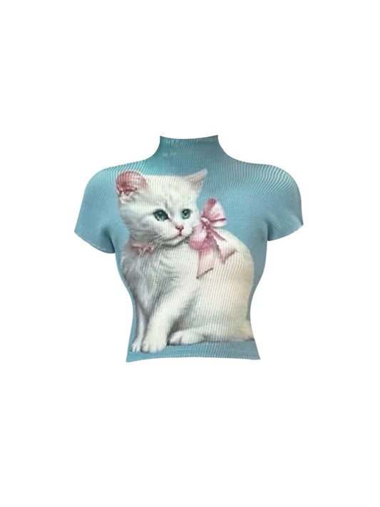 Cat Print Pleated T-Shirt