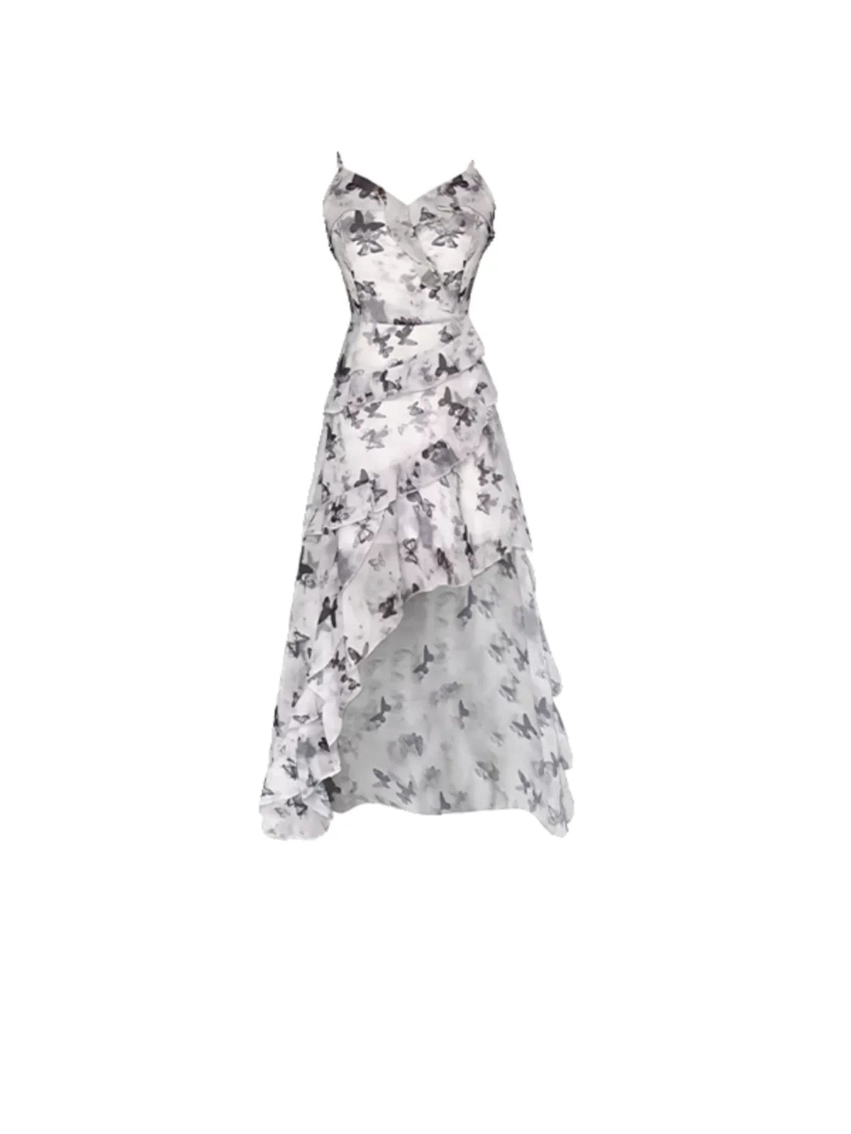 Butterfly Print High-Waist Suspender Dress