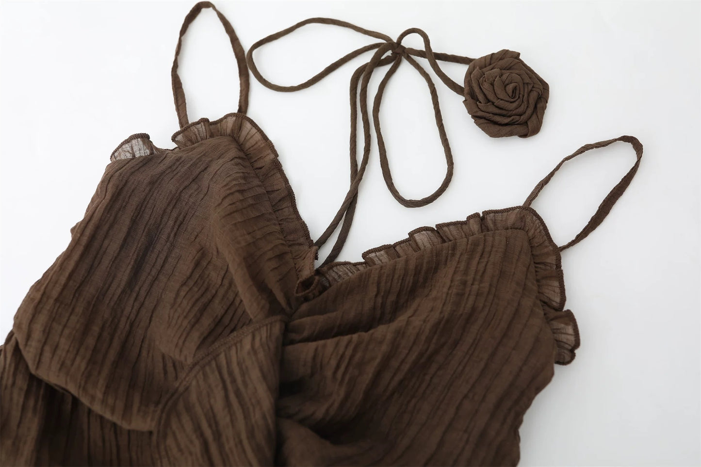 Vintage Brown Ruffle Suspender Dress – Retro Boho Summer Essential