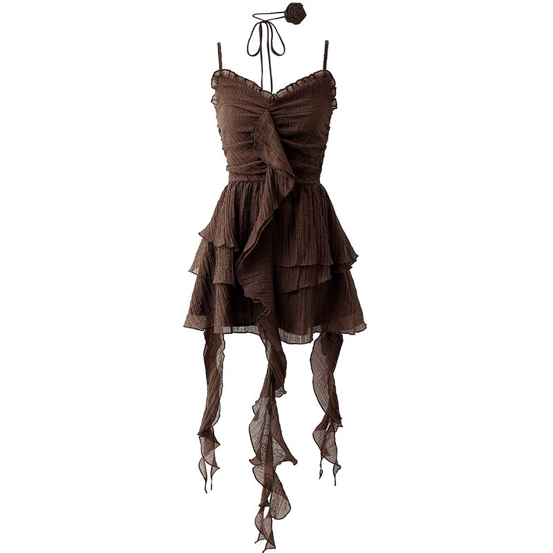 Vintage Brown Ruffle Suspender Dress – Retro Boho Summer Essential