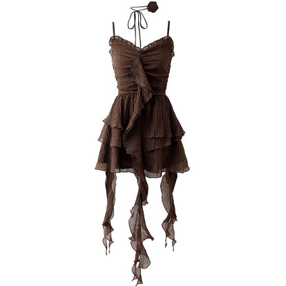 Vintage Brown Ruffle Summer Dress