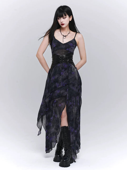 Dark Purple Asymmetric Floral Suspender Dress