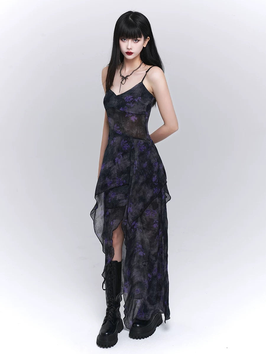 Dark Purple Asymmetric Floral Suspender Dress