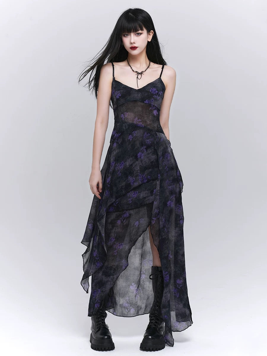 Dark Purple Asymmetric Floral Suspender Dress