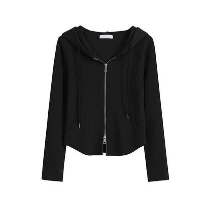 Women Slim Fit Drawstring Zip-Up Hoodie