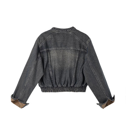 Short Denim Jacket with Stand-Up Collar