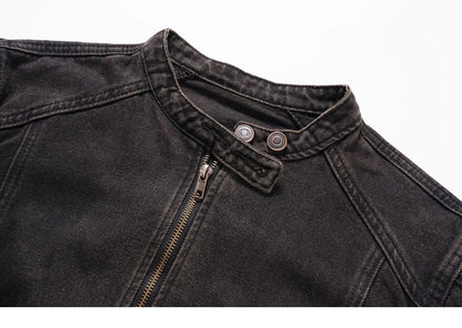 Short Denim Jacket with Stand-Up Collar