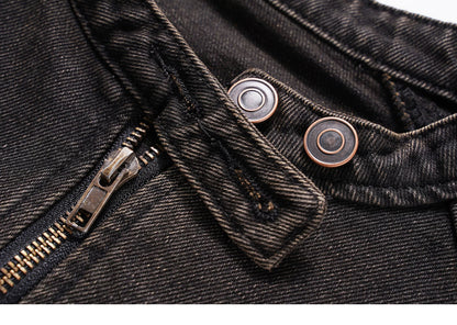 Short Denim Jacket with Stand-Up Collar