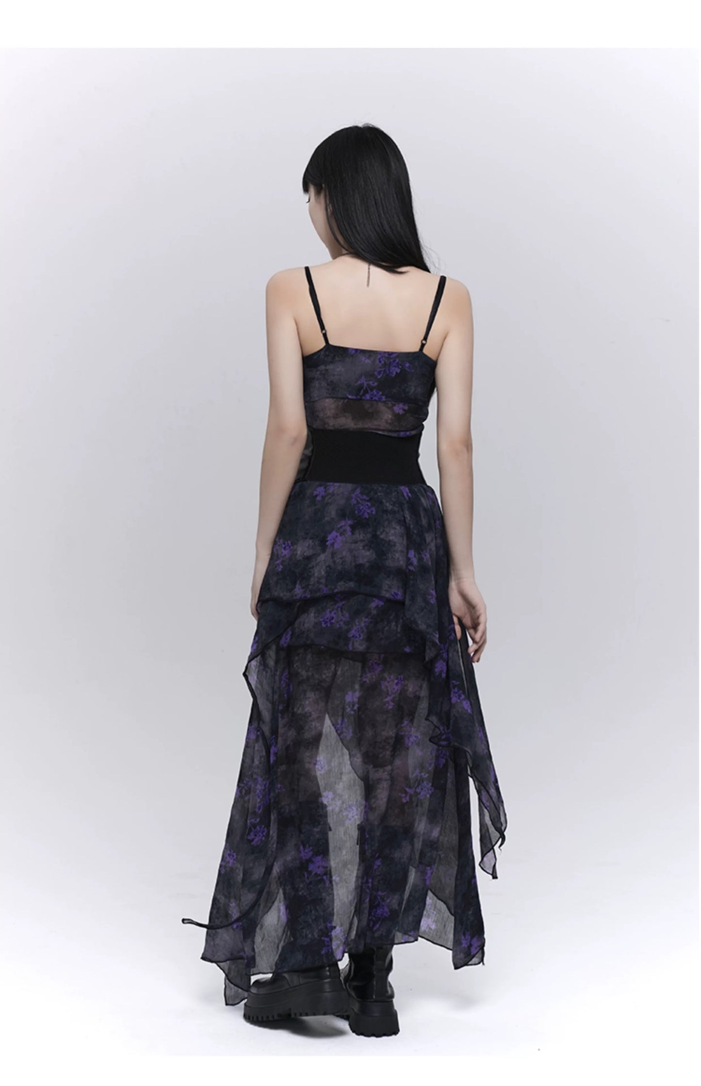 Dark Purple Asymmetric Floral Suspender Dress