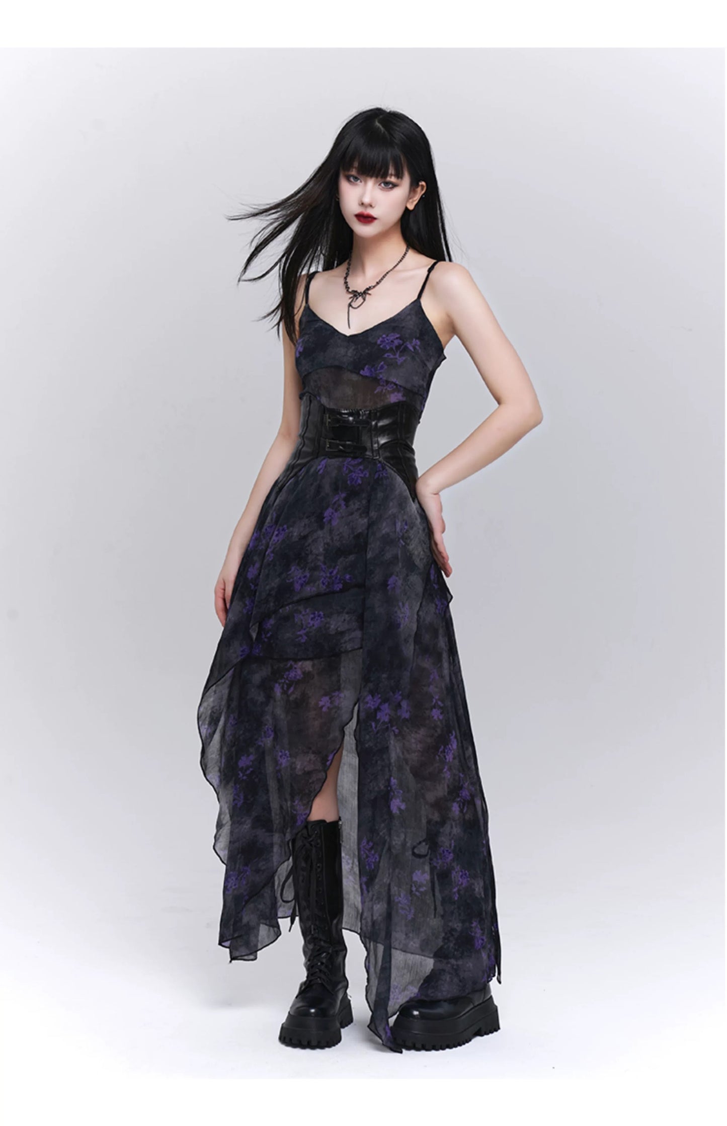 Dark Purple Asymmetric Floral Suspender Dress