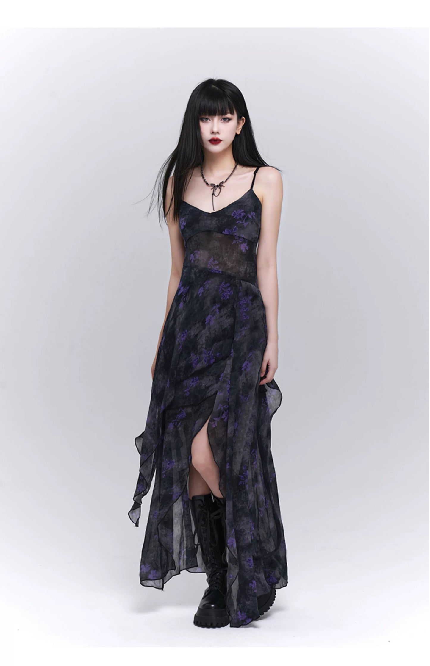 Dark Purple Asymmetric Floral Suspender Dress