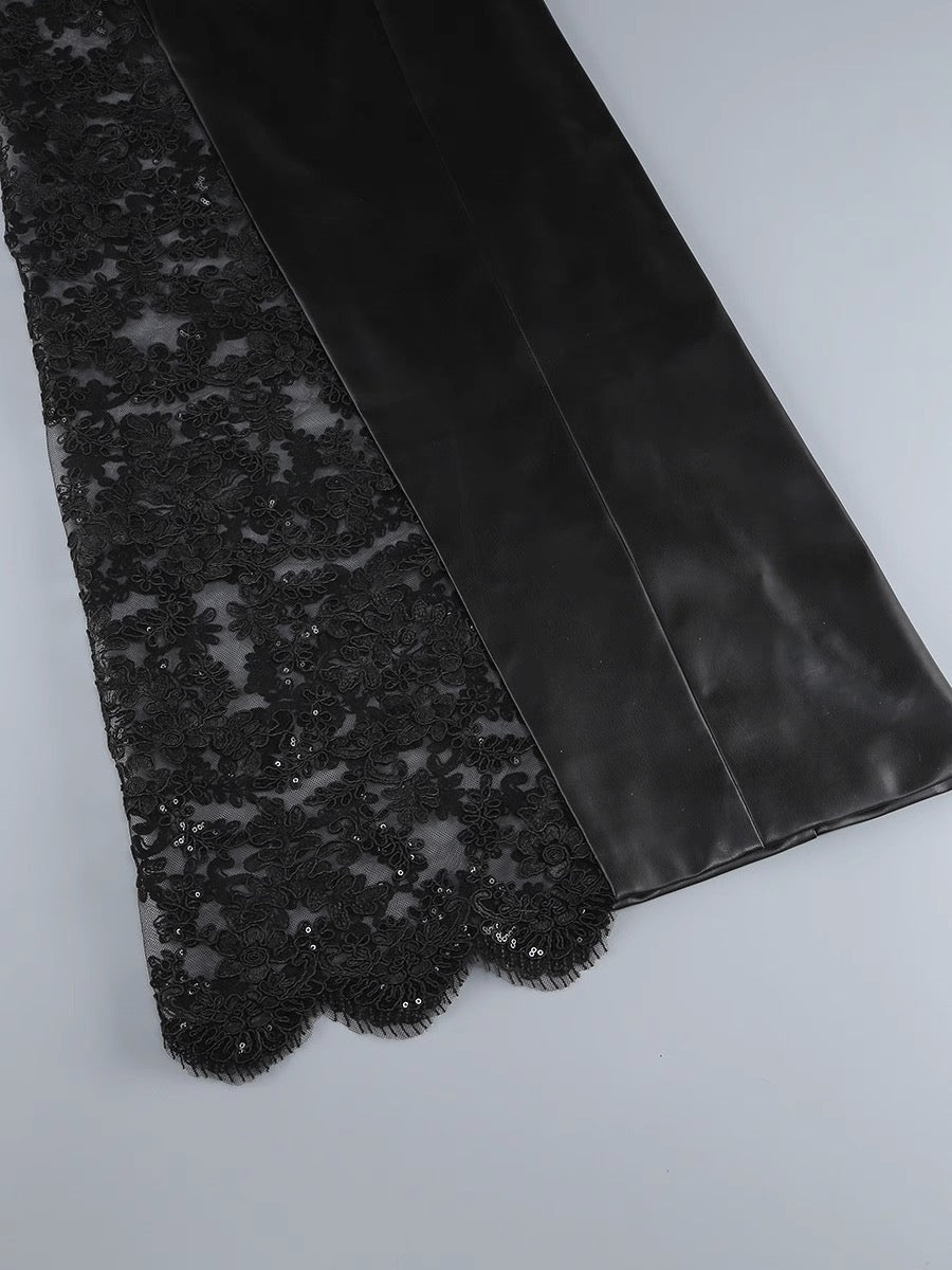 Black Faux Leather Lace Split Maxi Dress