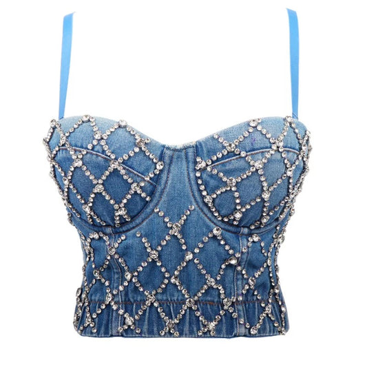Diamond Embellished Denim Corset Top