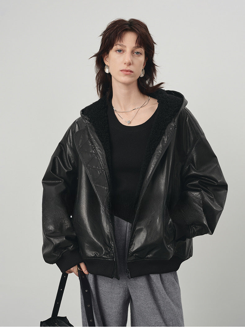 Women's Loose-Fit Leather Hooded Jacket