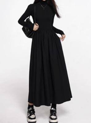 High-Neck Long Sleeve A-Line Dress – Fall 2024 Korean Style for Commuting