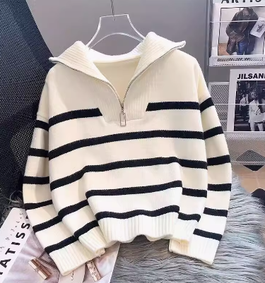 Women's Zipper Striped Sweater – Spring/Autumn 2024 Thick Knit