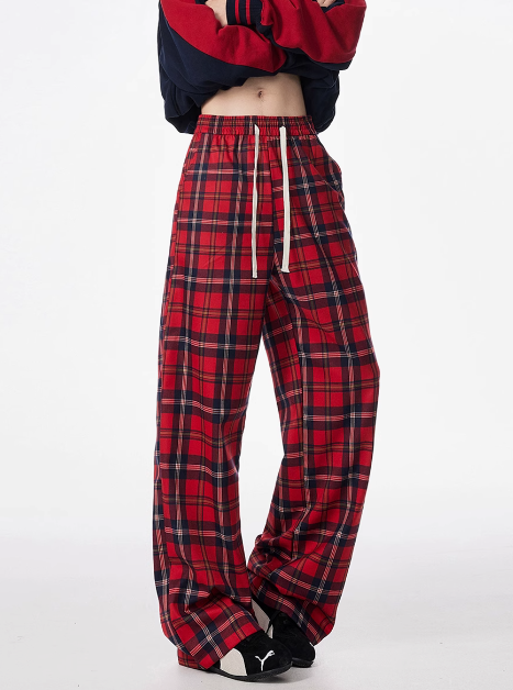 Women Red Velvet Plaid Wide-Leg Pants