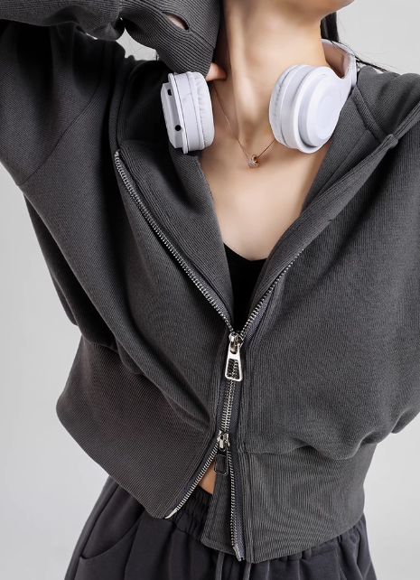 Batwing Sleeve Cropped Zipped Hoodie for woman