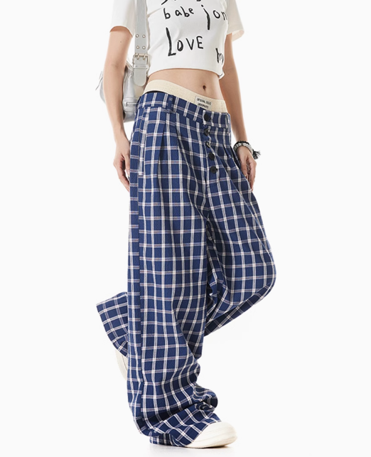 Wide-Leg High-Waist Plaid Trousers - Pants for Women