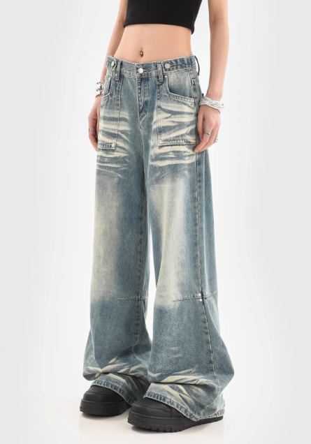 Women Wide-Leg Vintage Washed Denim Jeans