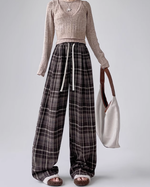 Plaid Wide-Leg Pants for Women | High-Waisted Drawstring Trousers