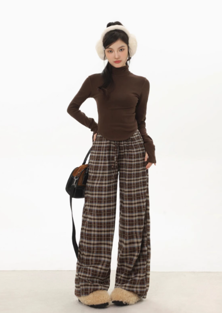 Plaid Wide-Leg Fleece-Lined Pants for Women