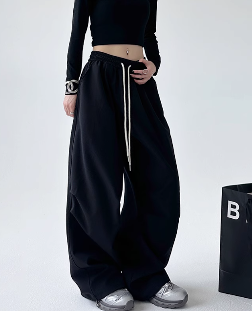 Black Wide-Leg Drawstring Pants for Women